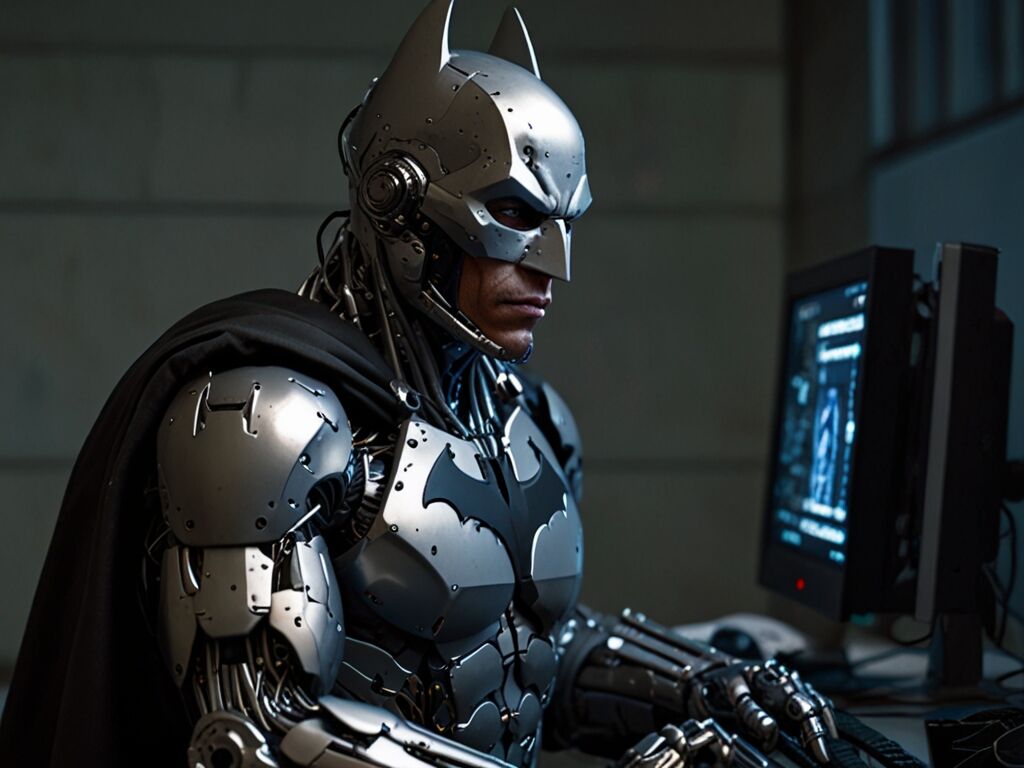 Batman - cyborg seduto al computer.